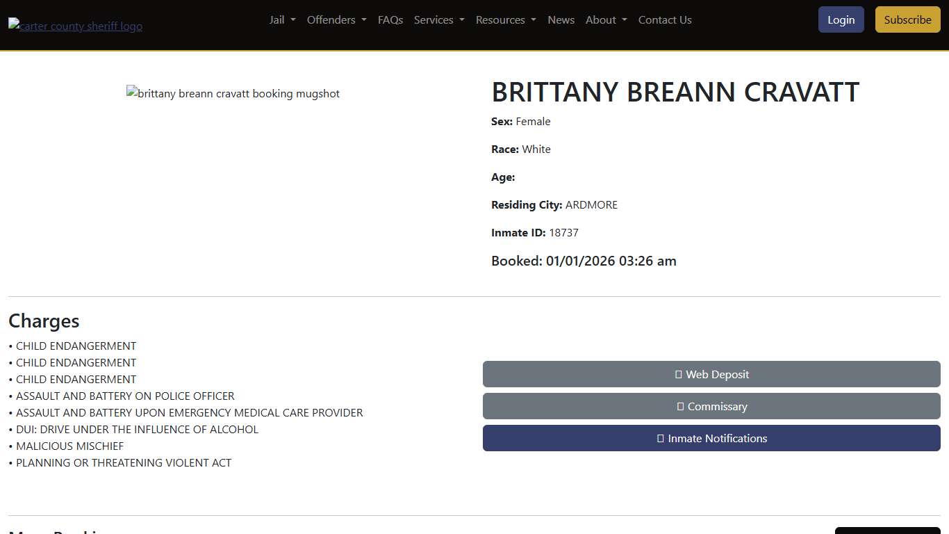 BRITTANY CRAVATT Booked at the County Jail